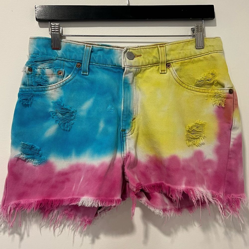 Levi's Tie-Dye Distressed Jean Shorts in Blue, Yellow, Pink